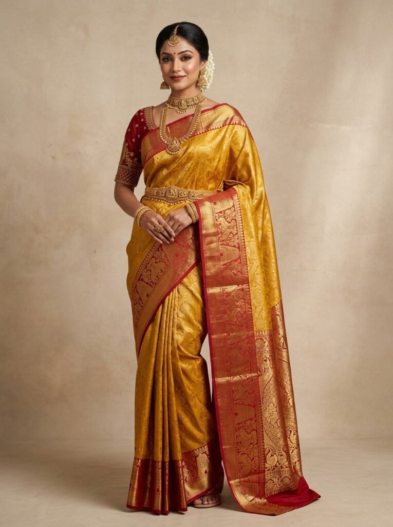 Mustard Gold Temple Border Kanjeevaram Saree