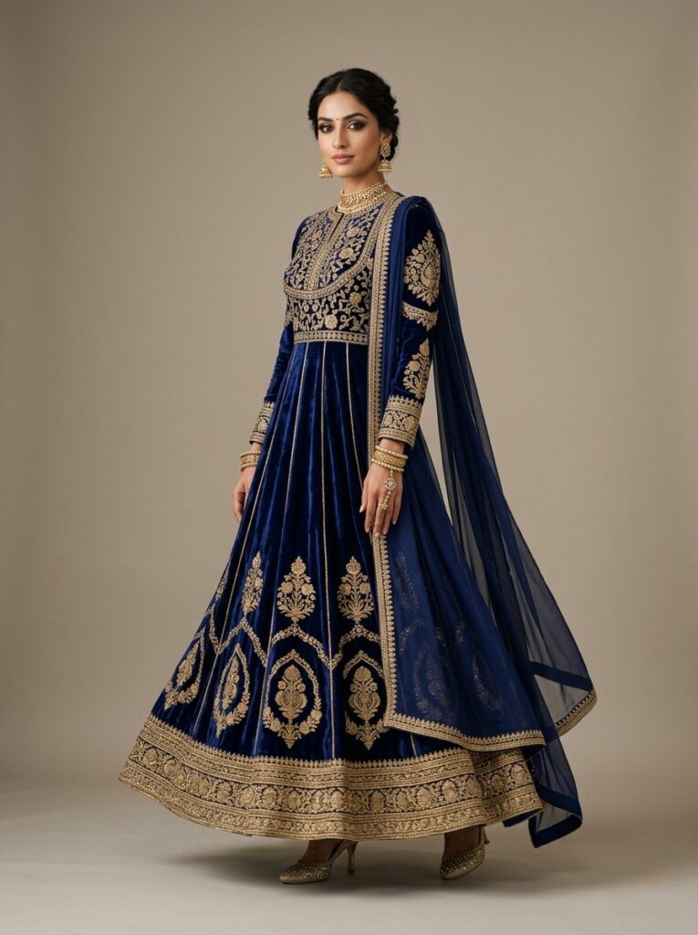 Royal Navy Blue Velvet Kalidar Anarkali Suit