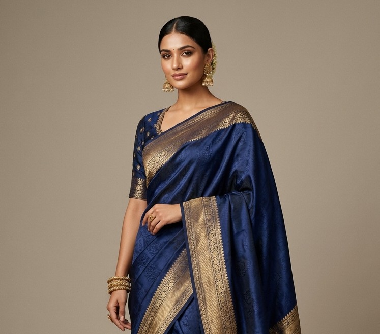 Antique Gold Zari Blouse & Navy Silk Saree Ensemble