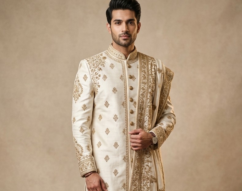 Regal Ivory Groom Silk Sherwani Collar & Stole