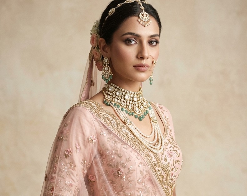 Pastel Blush Pink Floral Threadwork Choli & Dupatta
