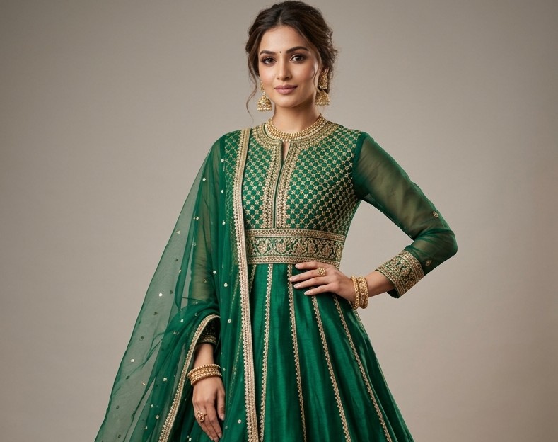 Emerald Green Gold Zari Bodice Anarkali Gown