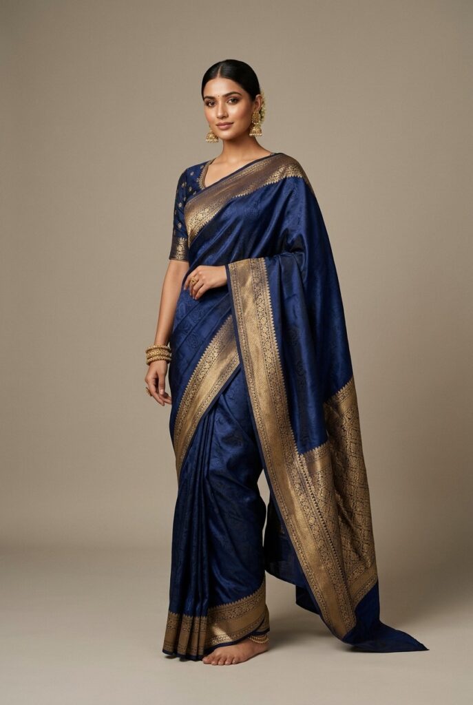 Royal Navy Blue Silk Saree with Gold Zari Border