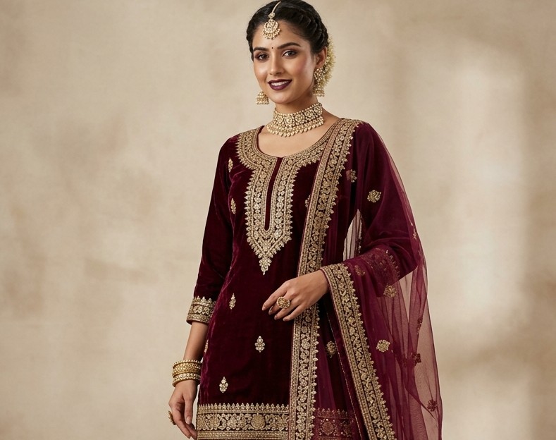 Royal Wine Velvet Zardozi Embroidered Kurti