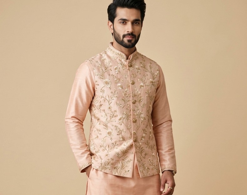 Hand-Embroidered Bundi Silk Nehru Waistcoat