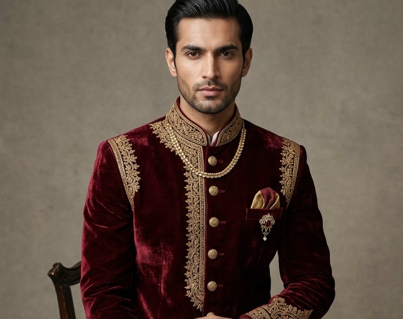 Deep Maroon Velvet Achkan Royal Collar Ensemble