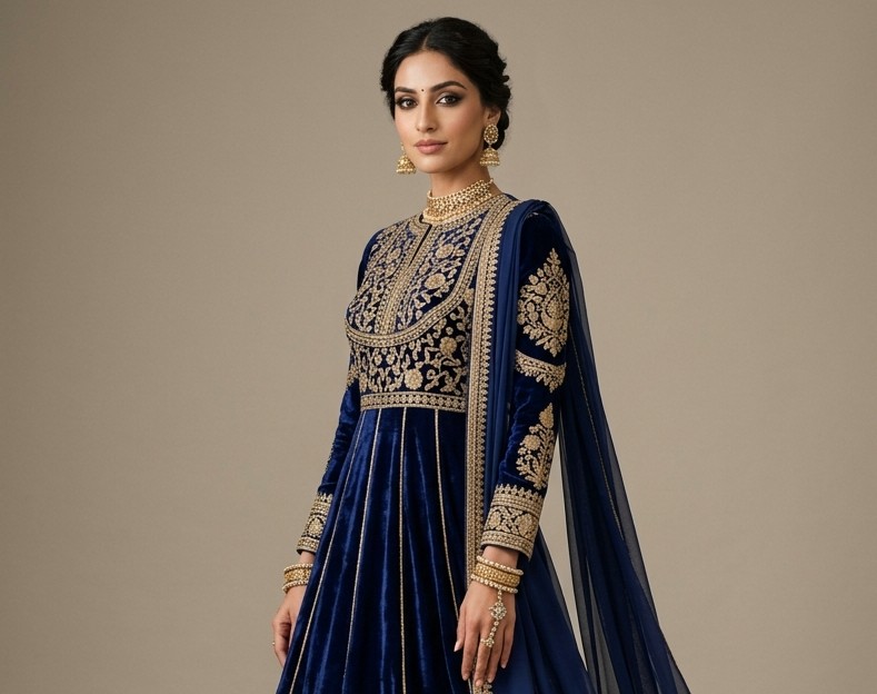 Navy Velvet Gold Zari Bodice Festive Anarkali