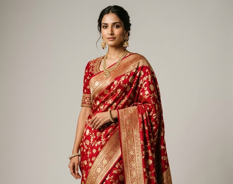 Traditional Crimson Gold Floral Brocade Banarasi Pallu