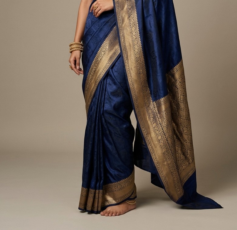 Navy Blue Silk Pleated Saree & Graceful Drape