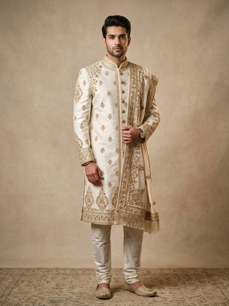 Imperial Ivory & Gold Hand-Embroidered Sherwani