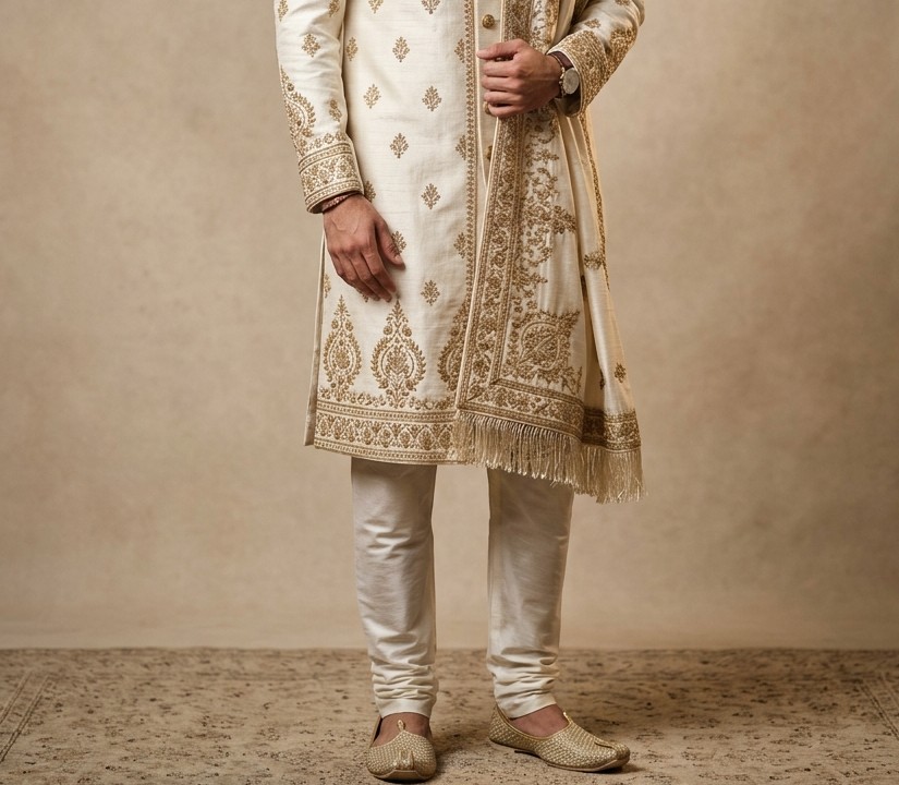Tailored Raw Silk Ivory Sherwani Churidar Set