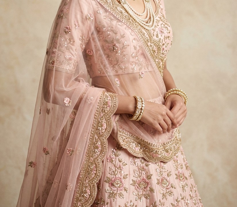 Blush Pink Flared Organza Bridal Ghagra Flare