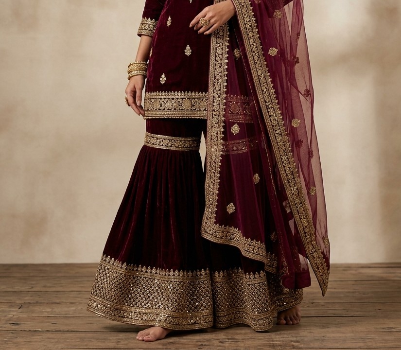 Flared Deep Wine Velvet Pleated Gharara Pants