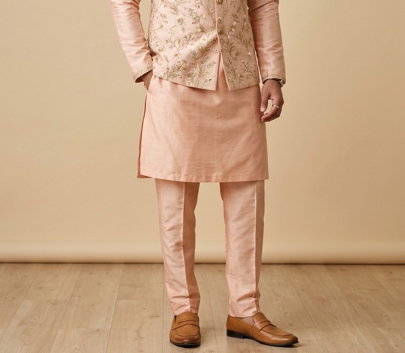 Festive Peach Silk Kurta Flow & Pajama Drape