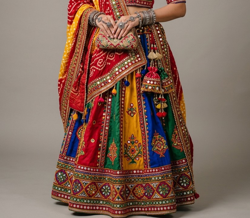 Multicolor Swirling Kutchi Festive Ghagra Flare