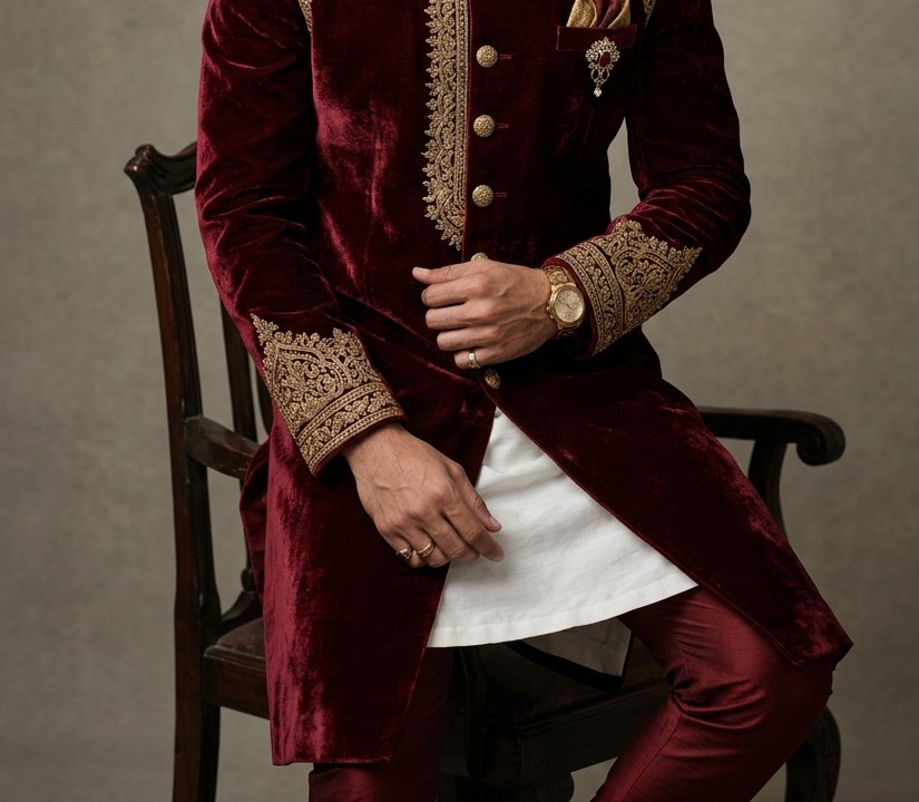Maroon Velvet Royal Achkan Tailored Hemline Cut