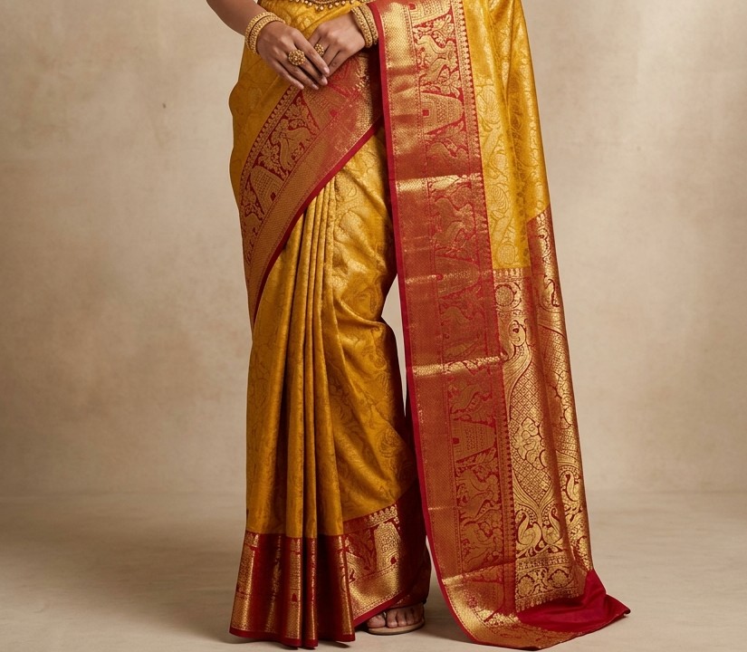 Mustard Yellow Silk Pleats & Red Temple Border Drape
