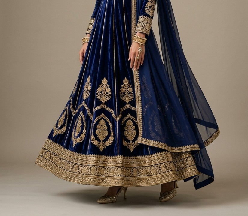 Navy Velvet Kalidar Floor-Length Flared Hemline