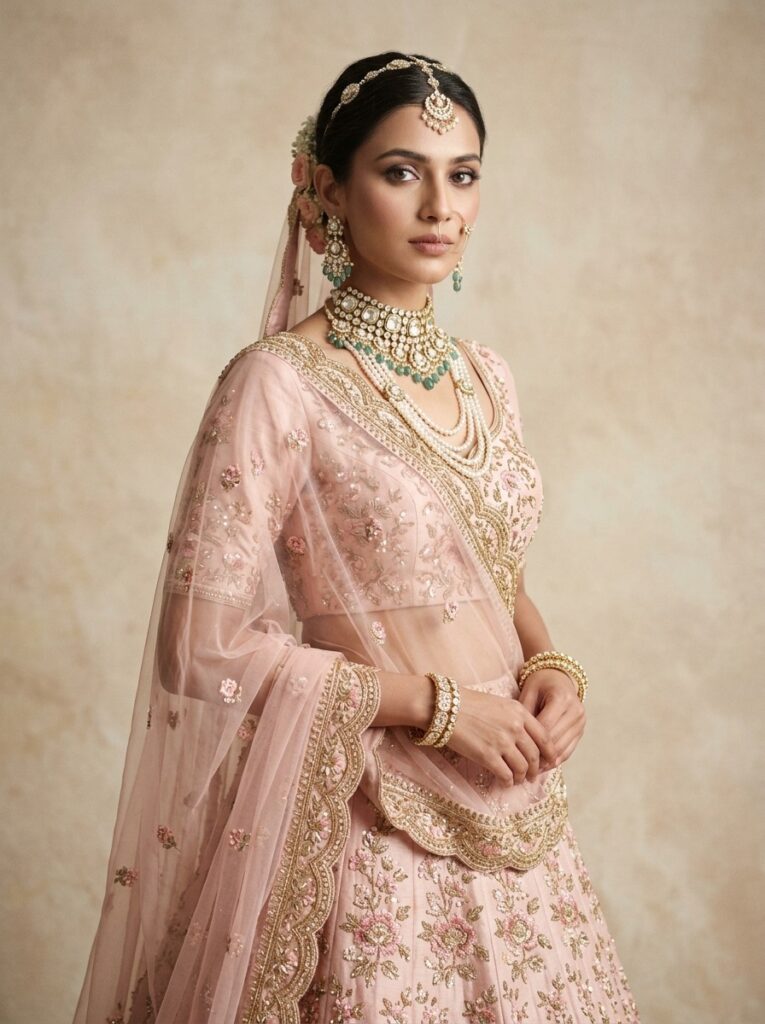 Blush Pink Organza Embroidered Bridal Lehenga