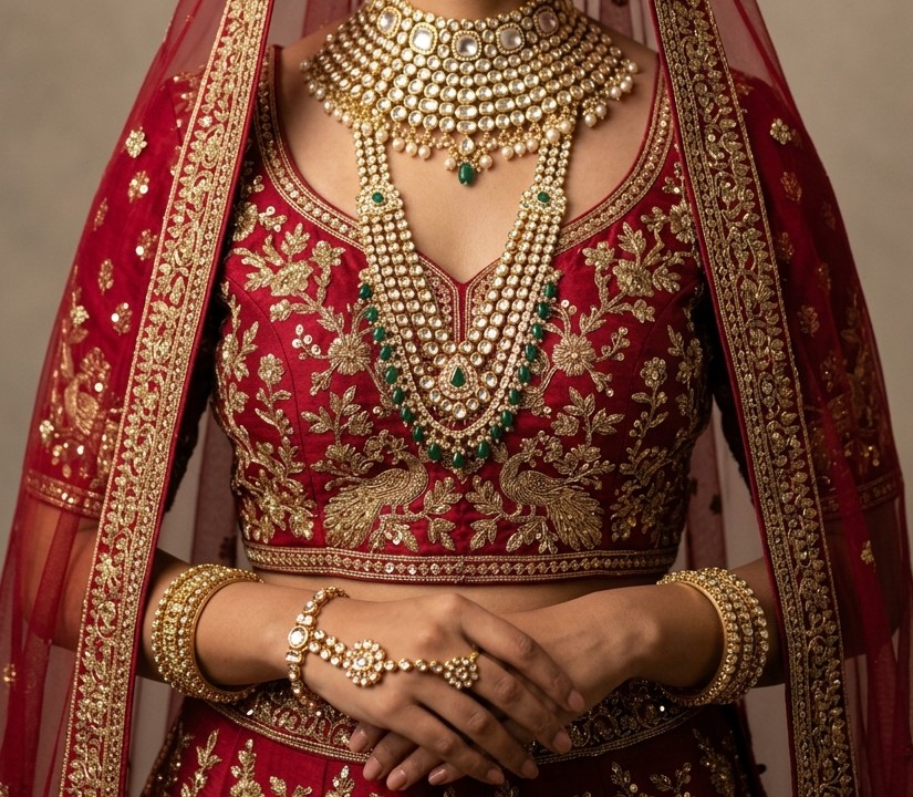 Ruby Red Velvet Bridal Flared Lehenga Silhouette