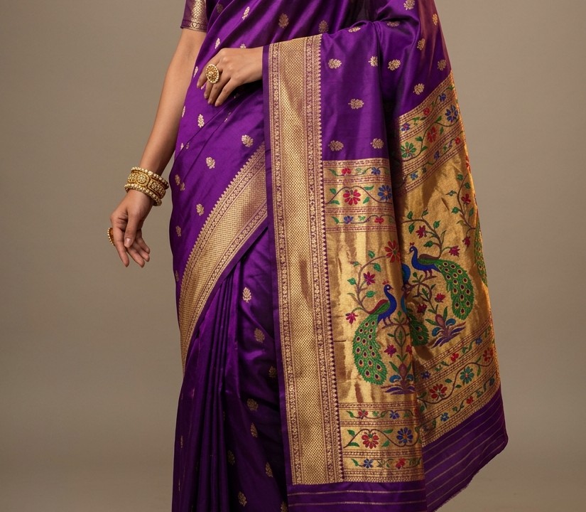 Royal Purple Paithani Silk Pleats & Brocade Edge