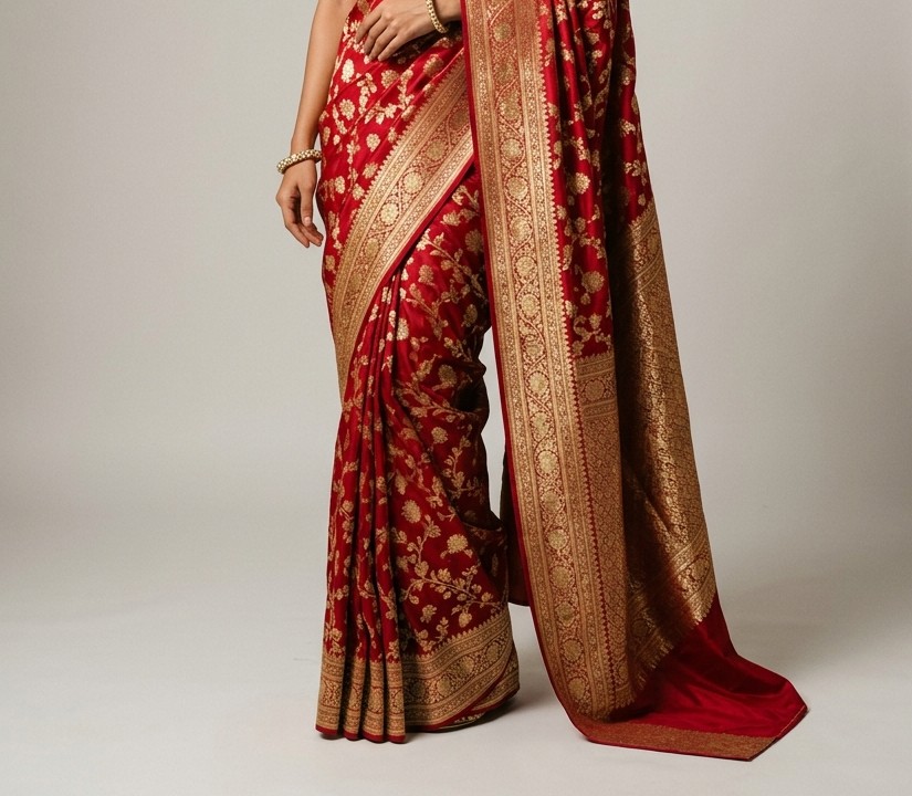 Crimson Banarasi Pure Silk Drape & Heavy Gold Hem