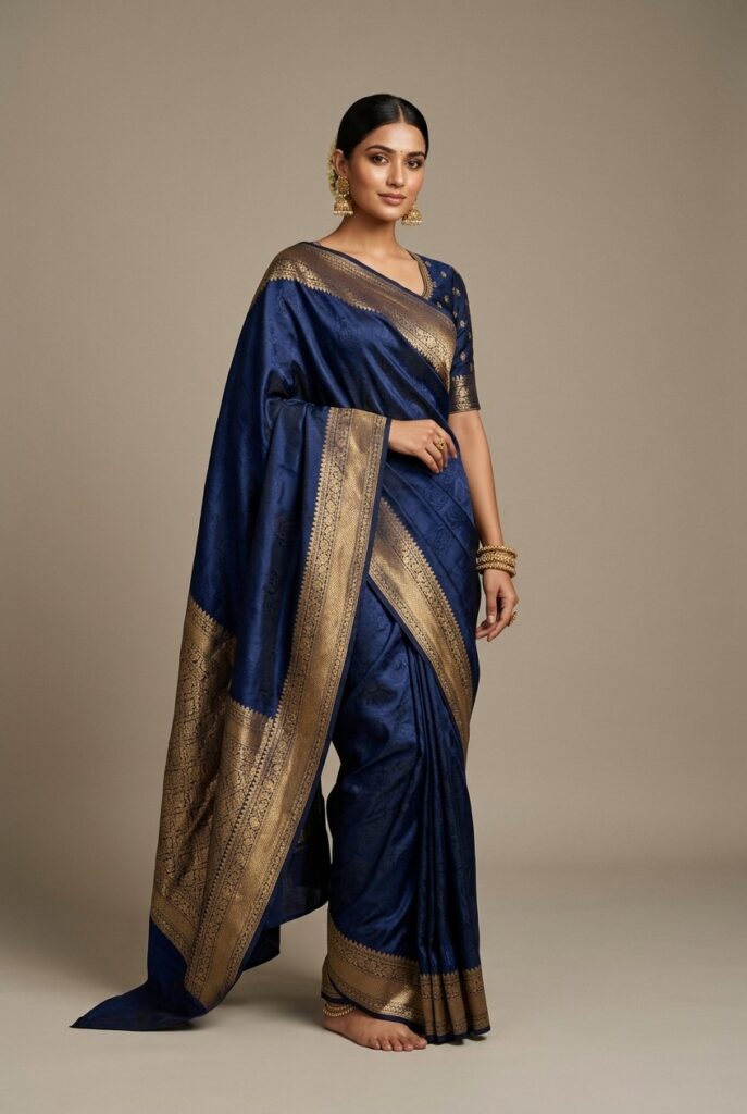 Editorial Royal Navy Silk Saree (Re-framed View)