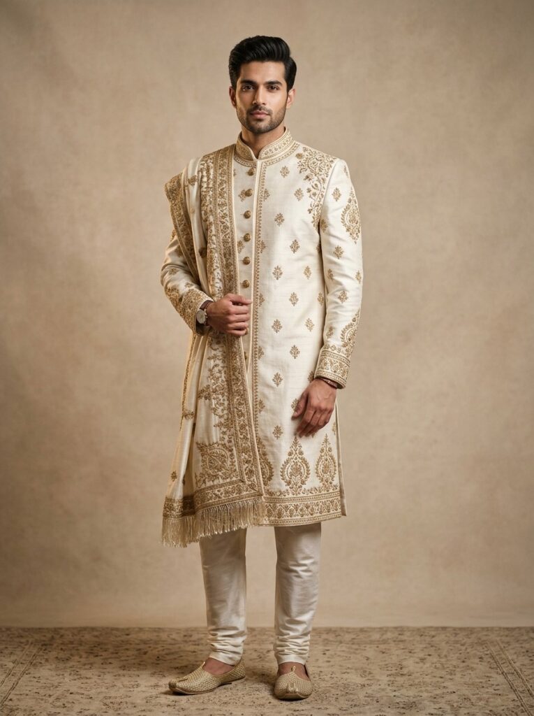 Bespoke Ivory Raw Silk Groom Sherwani (Signature Cut)