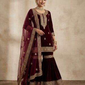 Deep Wine Velvet Royal Gharara Ensemble (Full Set)