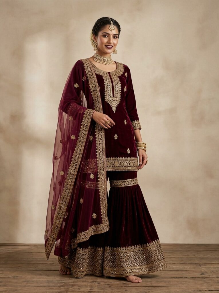 Deep Wine Velvet Royal Gharara Ensemble (Full Set)