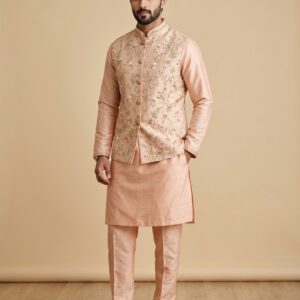 Festive Peach Silk Kurta & Embroidered Nehru Bundi