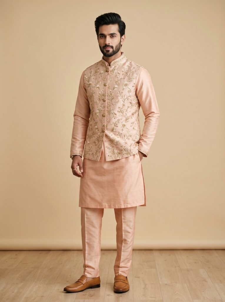Festive Peach Silk Kurta & Embroidered Nehru Bundi