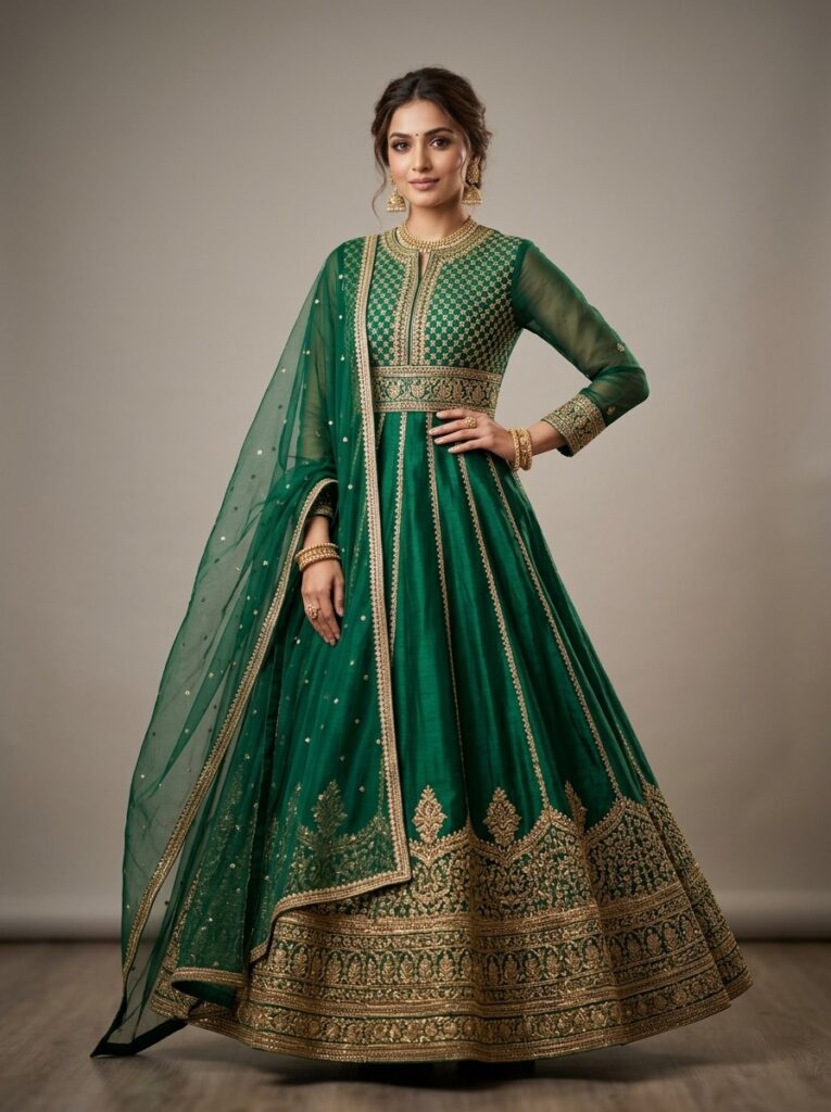 Emerald Green Embroidered Kalidar Anarkali Suit