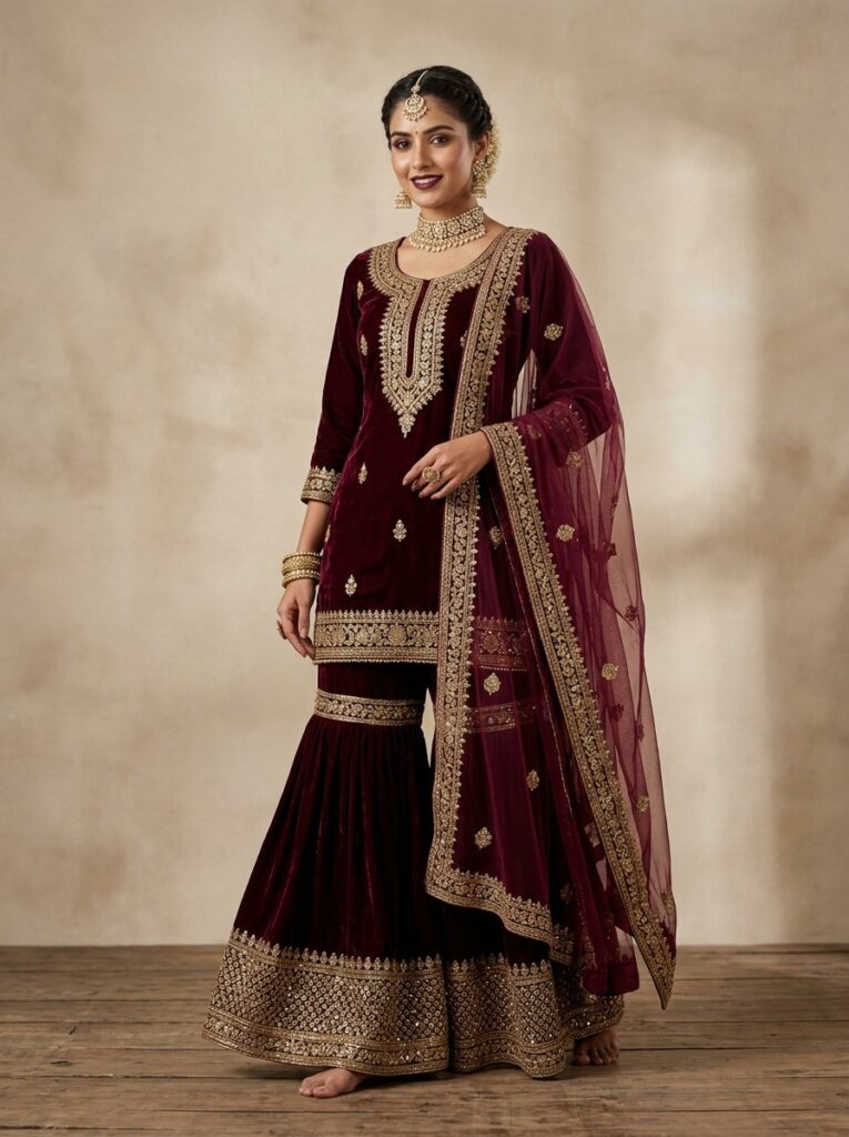 Deep Wine Velvet Embroidered Gharara Suit