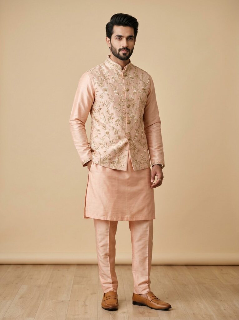 Pastel Peach Silk Kurta & Floral Nehru Jacket Set