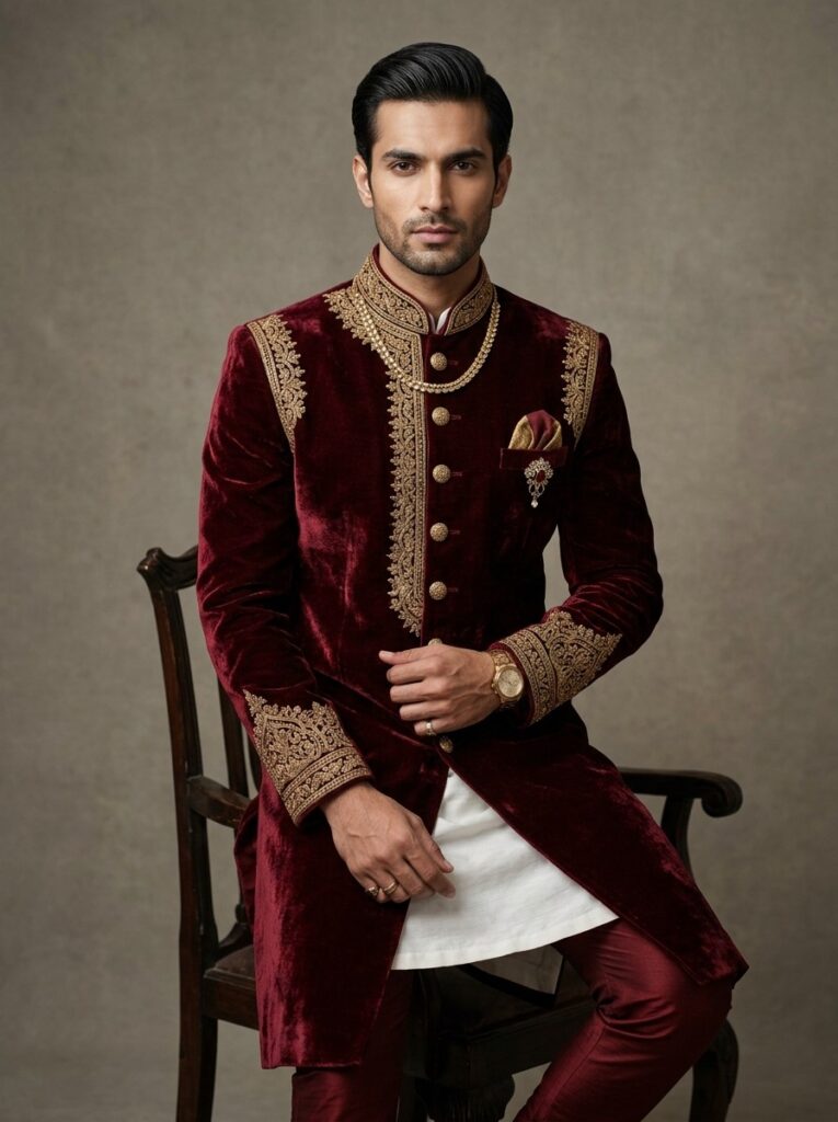 Royal Maroon Velvet Embroidered Achkan Sherwani